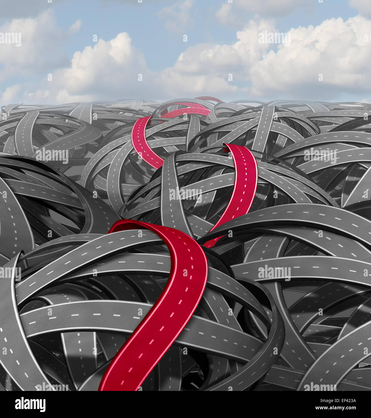 Red success path concept as a group of tangled roads and a highlighted pathway leading to a an easy solution on a challenging journey towards a goal. Stock Photo