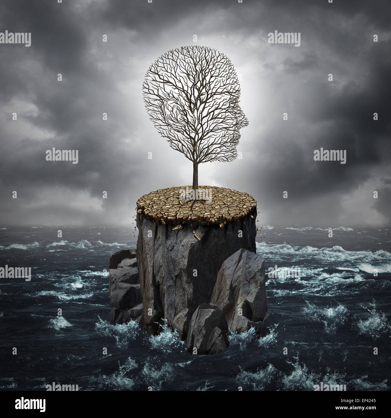 Failure crisis concept and lost business career or education opportunity metaphor as a dying tree shaped as a human head alone on a rock cliff with dry ground surrounded by an ocean. Stock Photo