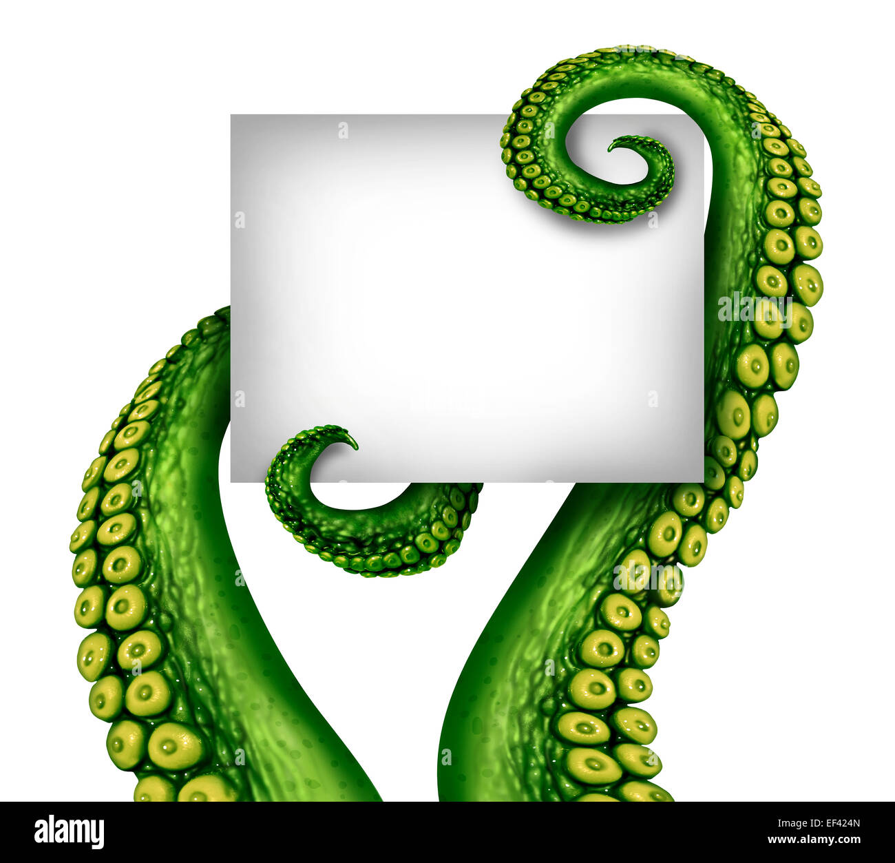 Alien blank sign with creepy green ufo tentacle arms holding a white banner with copy space as a symbol for fantasy science fiction and scary creatures from outer space. Stock Photo