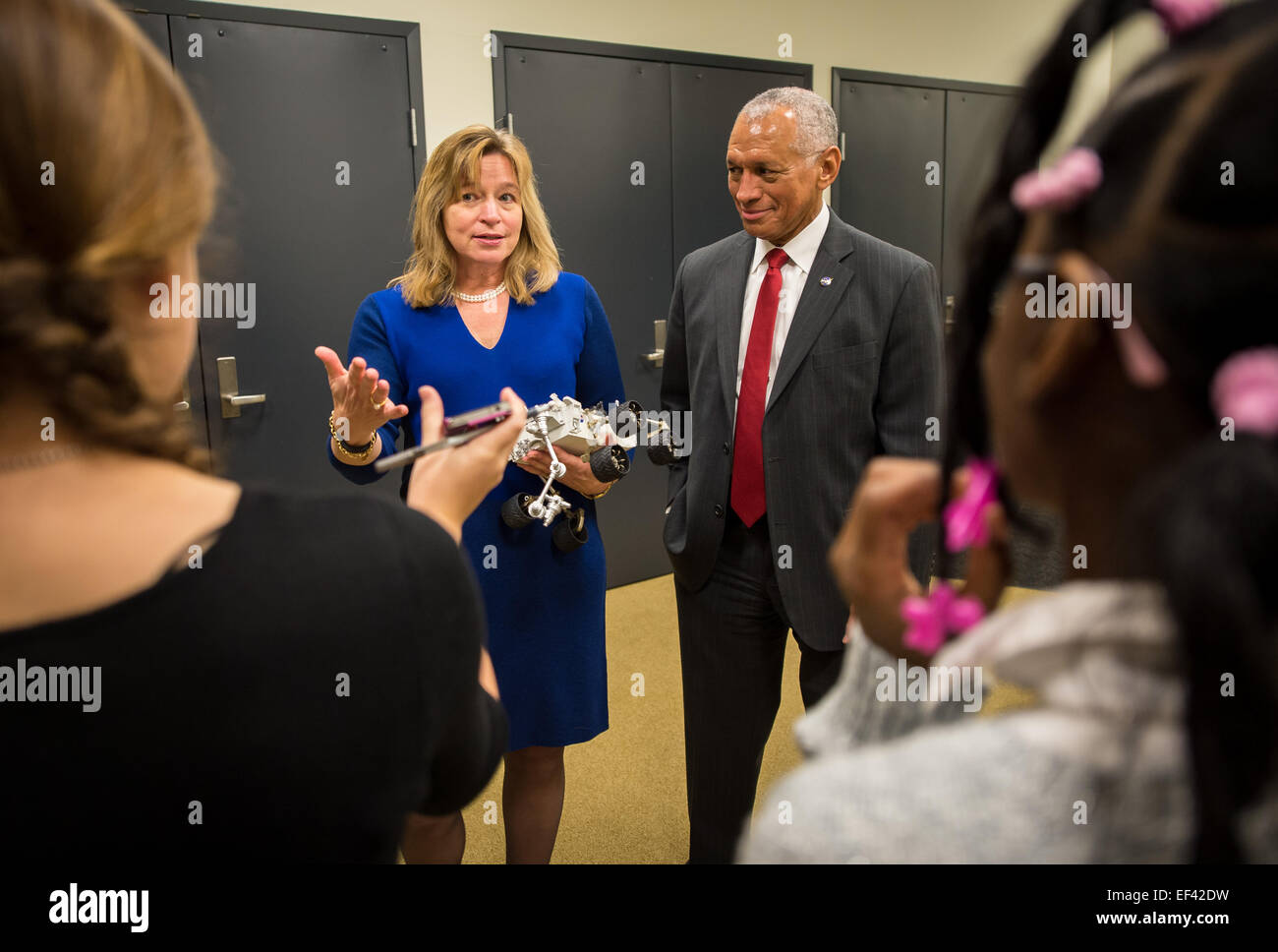 NASA Chief Scientist Ellen Stofan, left, and NASA Administrator Charles Bolden answer questions from kid reporters prior to the annual White House State of Science, Technology, Engineering, and Math (SoSTEM) address, Wednesday, Jan. 21, 2015, in the South Court Auditorium in the Eisenhower Executive Office Building on the White House complex in Washington Stock Photo