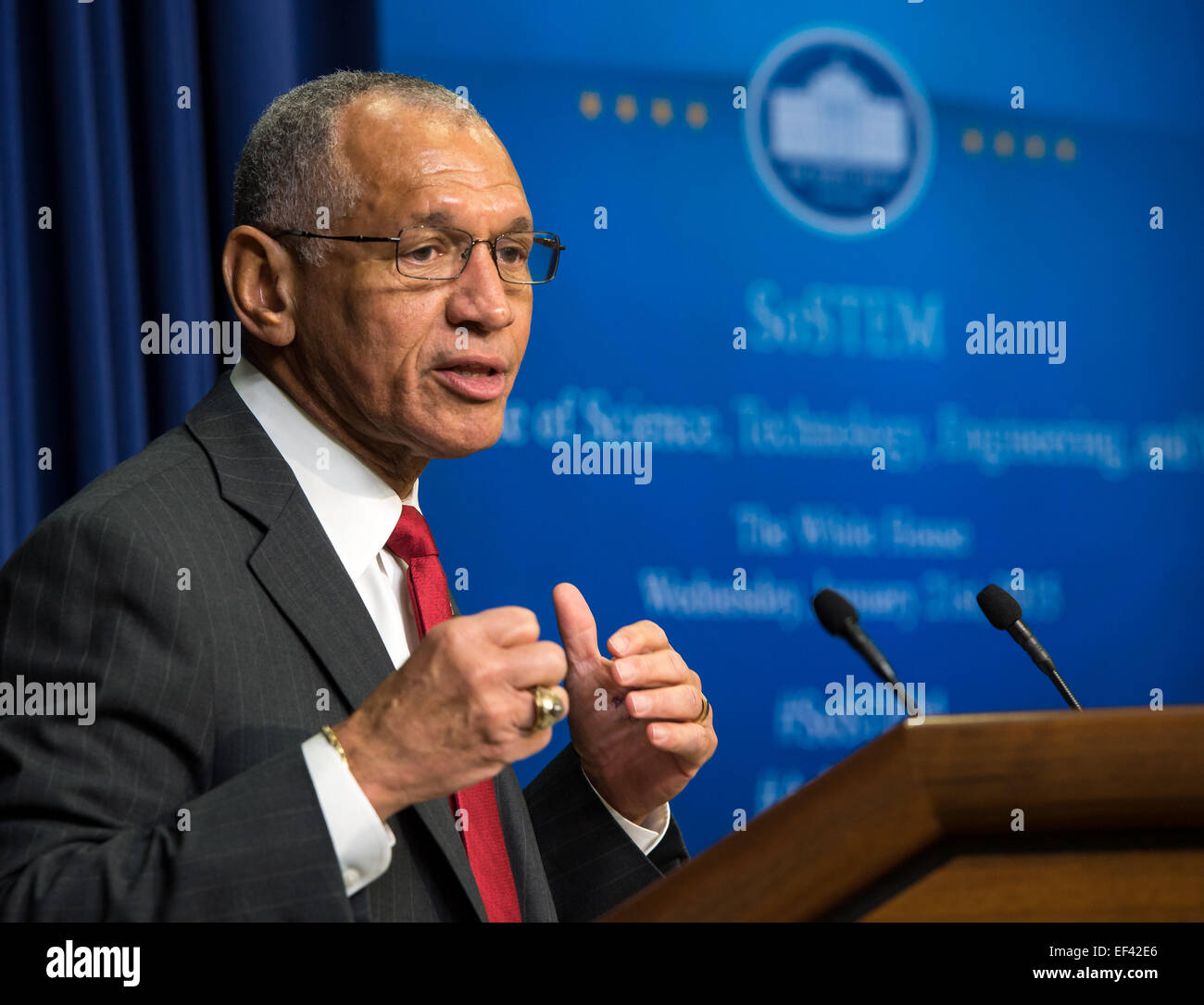 NASA Administrator Charles Bolden speaks during the annual White House State of Science, Technology, Engineering, and Math (SoSTEM) address, Wednesday, Jan. 21, 2015, in the South Court Auditorium in the Eisenhower Executive Office Building on the White House complex in Washington. Stock Photo