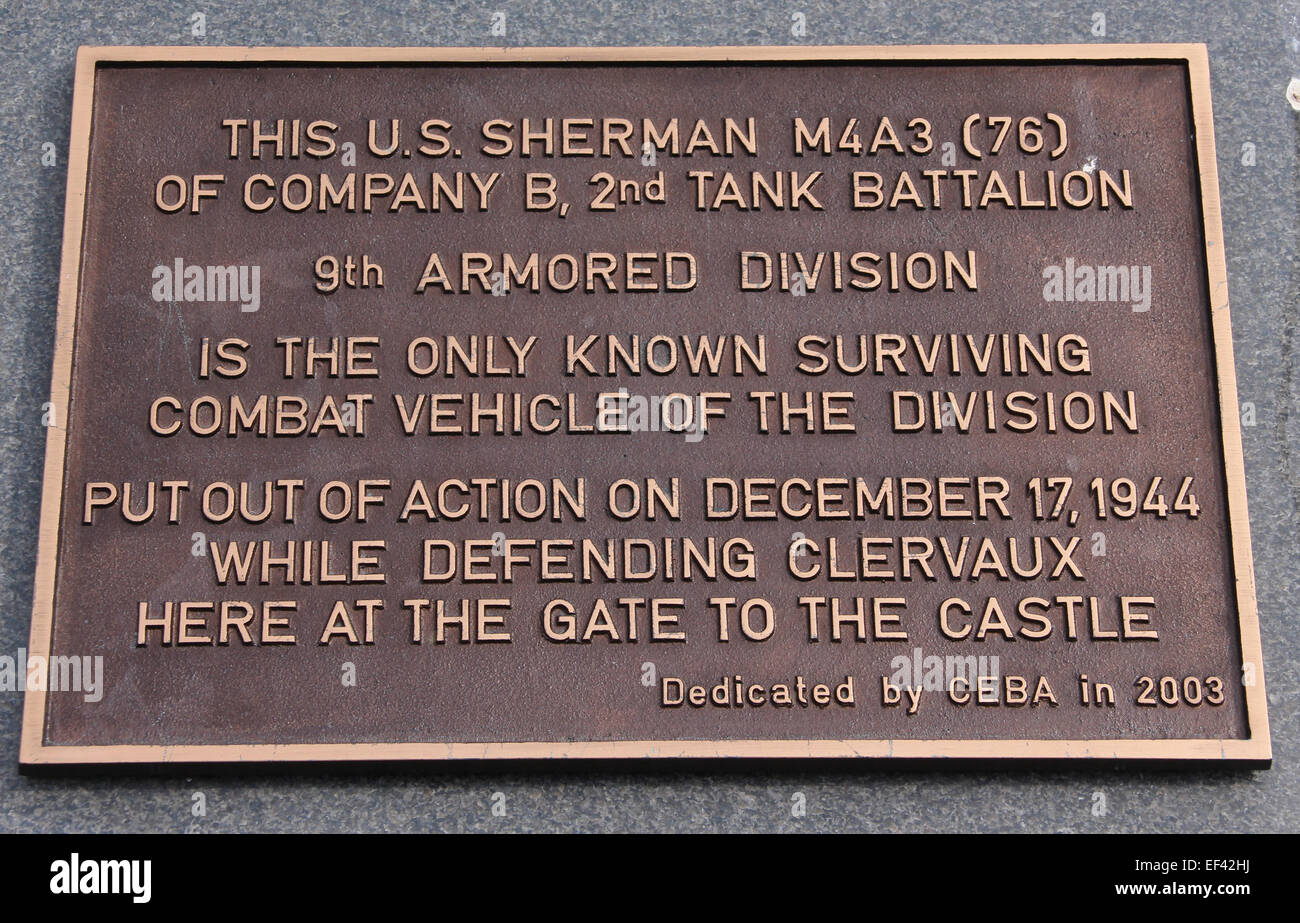 The plaque about the Sherman Tank in front of Clervaux Castle, Luxembourg Stock Photo