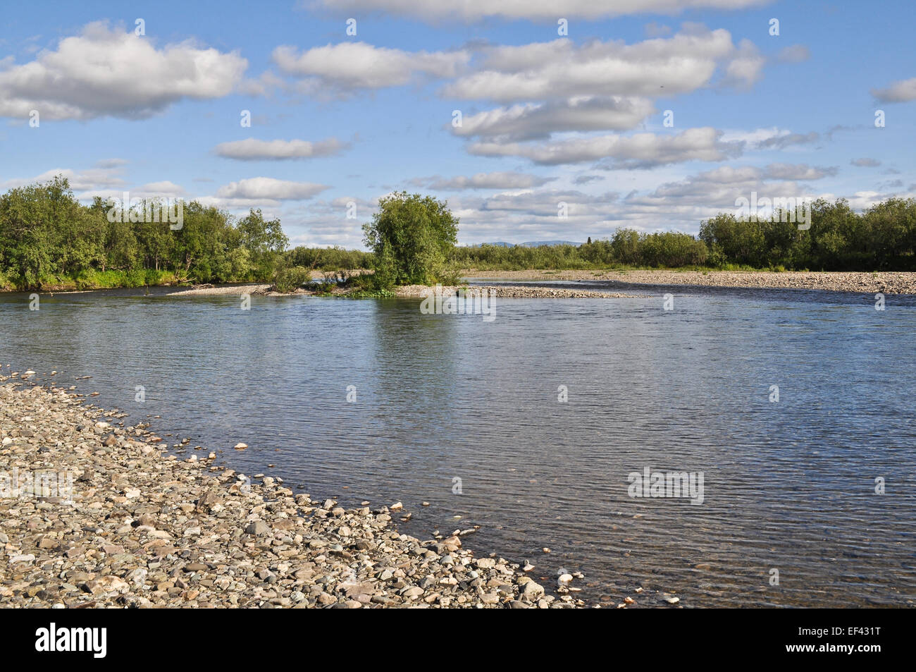Pebble river banks. Polar Ural, Komi Republic, Russia. Stock Photo
