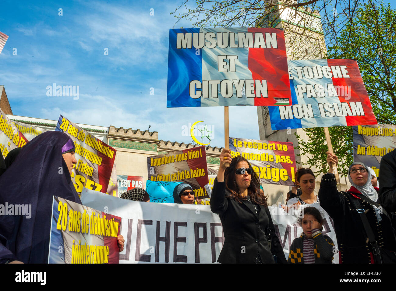 Paris, France, French Arab Muslims Demonstrating against Islamophobia, Racism, Women in traditional Dress Hijab, Holding Protest Signs and Banners, at Grande Mosque Rally, people march street, religion in politics Stock Photo