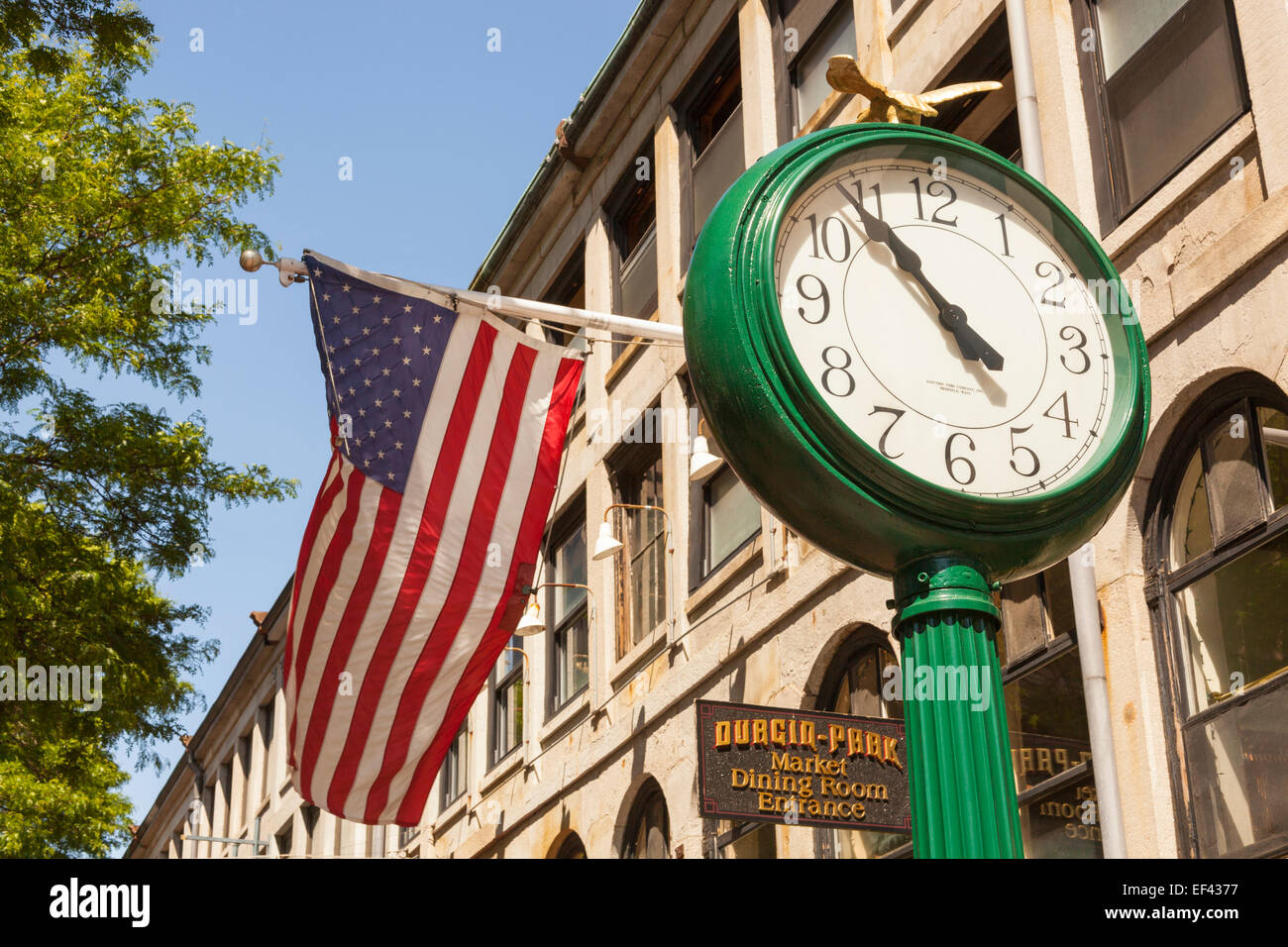 Clock and American flag outside Durgin Park Restaurant, Faneuil Hall Marketplace, Boston