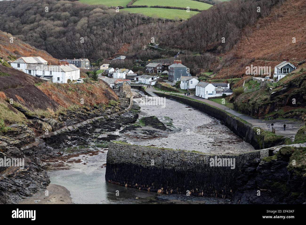 The harbour entrance, Boscastle, Cornwall, England, looking inland toward the picturesque village Stock Photo