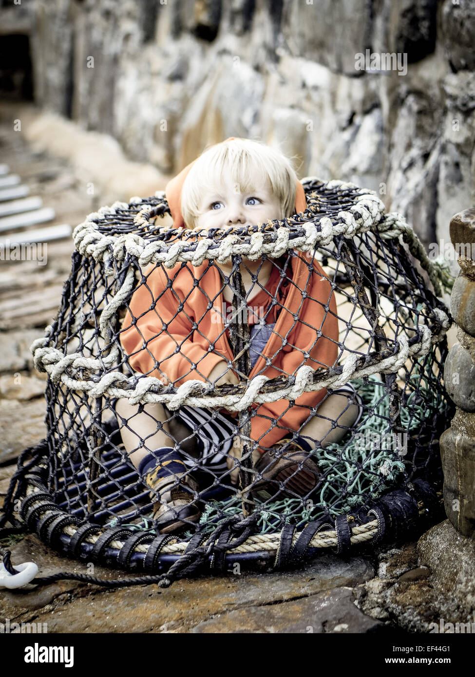 2 year old boy sitting in a lobster pot Stock Photo
