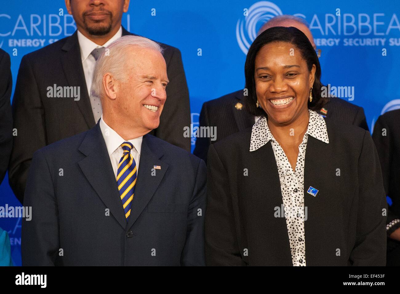 Washington DC, USA. 26th January, 2015. US Vice President Joe Biden talks with Dominica Foreign Minister Francine Baron during a group photo at the Caribbean Energy Security Summit at the Department of State January 26, 2015 in Washington, D.C. Credit:  Planetpix/Alamy Live News Stock Photo