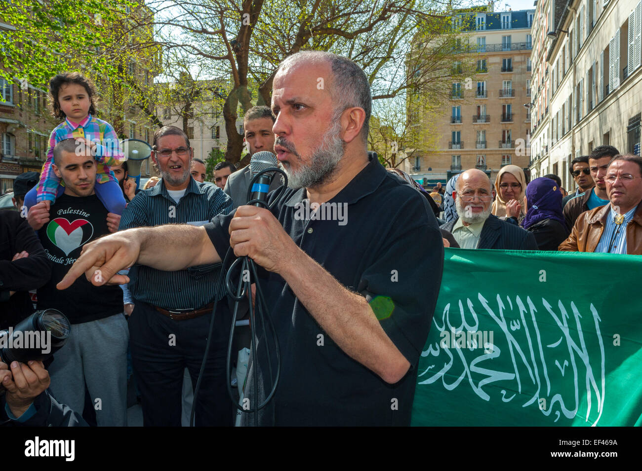 Paris, France, French Arab Muslims Demonstrating against Islamophobia, Racism, Man Making Speech to Crowd, Abdelhakim Sefrioui, Radical Islam Leader religious meeting, Public speaker giving talk Stock Photo