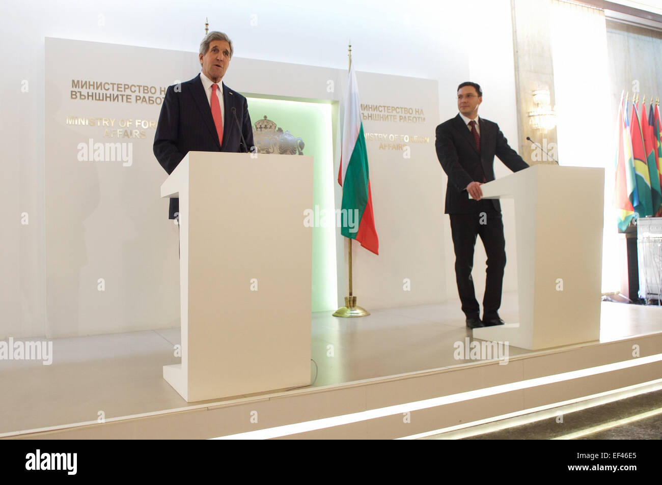 U.S. Secretary of State John Kerry and Bulgarian Foreign Minister Daniel Mitov deliver statements to reporters after the two shared a working lunch on January 15, 2015, at the Ministry of Foreign Affairs in Sofia, Bulgaria. Stock Photo