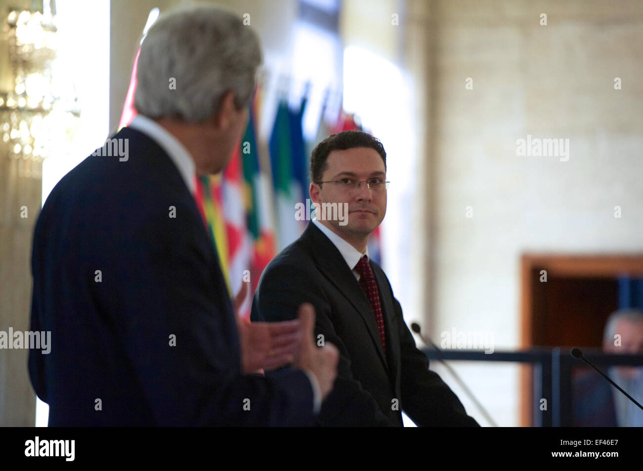 U.S. Secretary of State John Kerry thanks Bulgarian Foreign Minister Daniel Mitov for his hospitality as the deliver statements to reporters after sharing a working lunch on January 15, 2015, at the Ministry of Foreign Affairs in Sofia, Bulgaria. Stock Photo