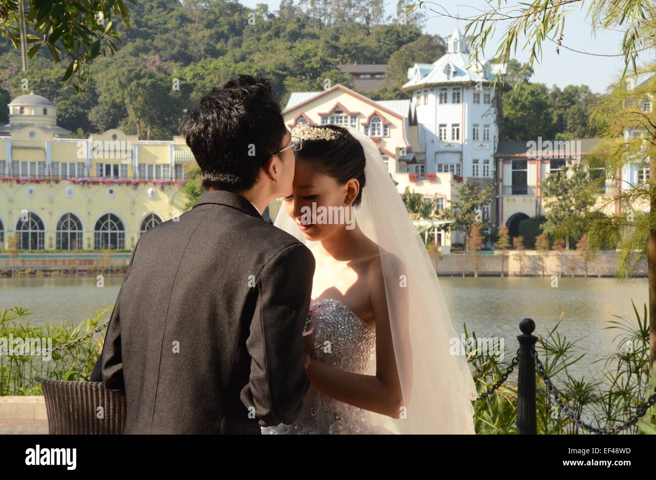 Love and Wedding in China, at Interlaken theme park -- Swiss Alp style copycat architecture Stock Photo