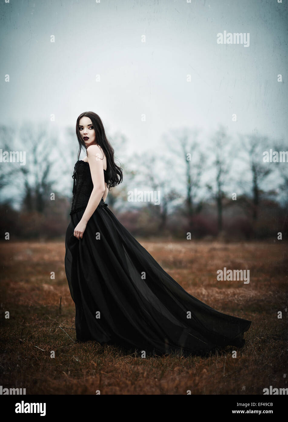 A beautiful sad goth girl stands in autumnal field. Grunge texture effect Stock Photo