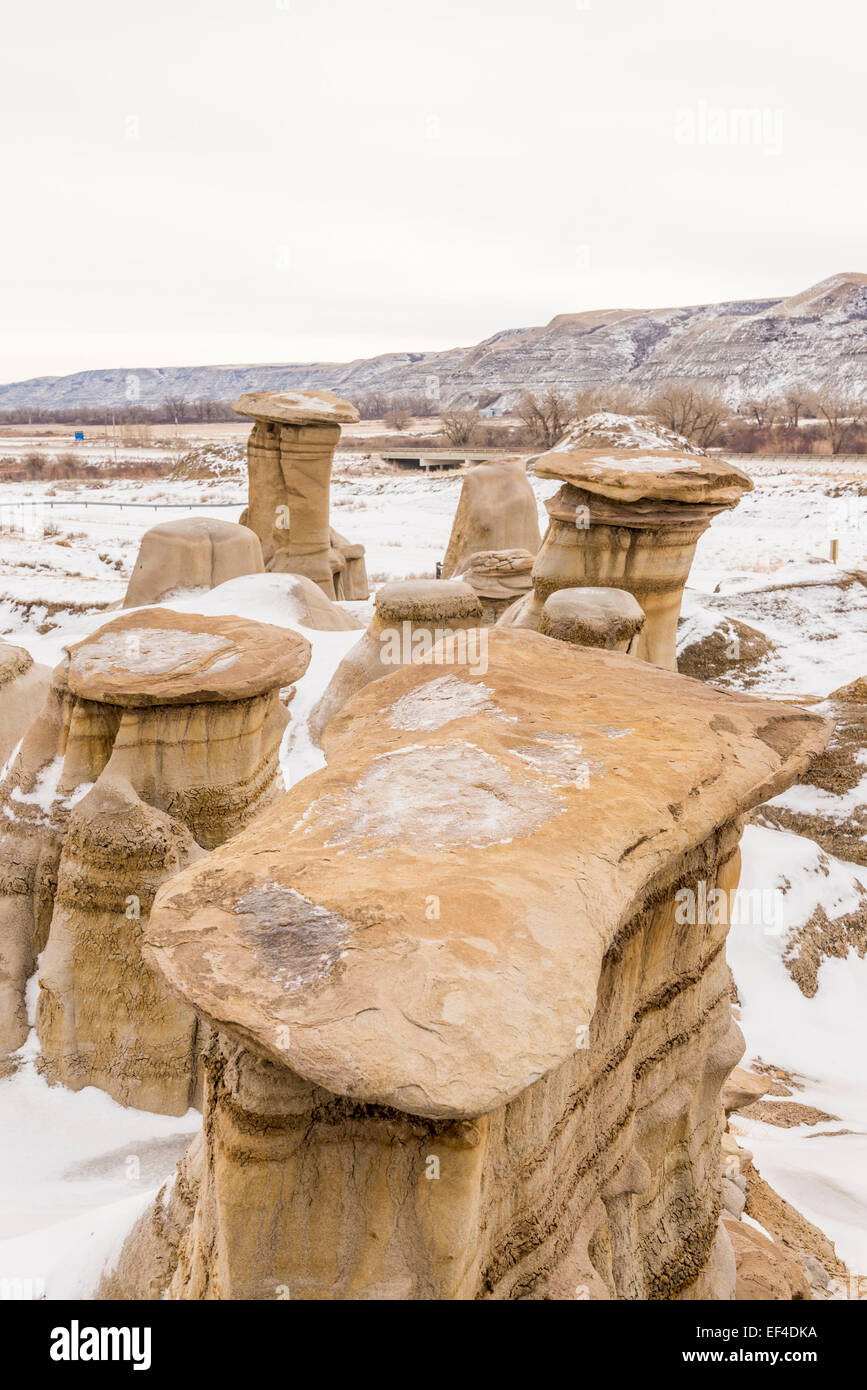 Badlands, hoodoos in winter, Willow Creek, Drumheller, Alberta, Canada