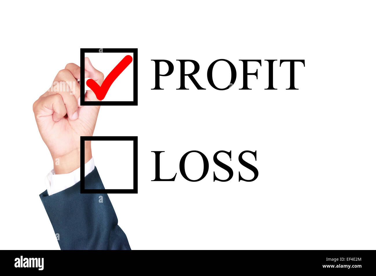 profit is answer choose by businessman tick choice whiteboard white background Stock Photo