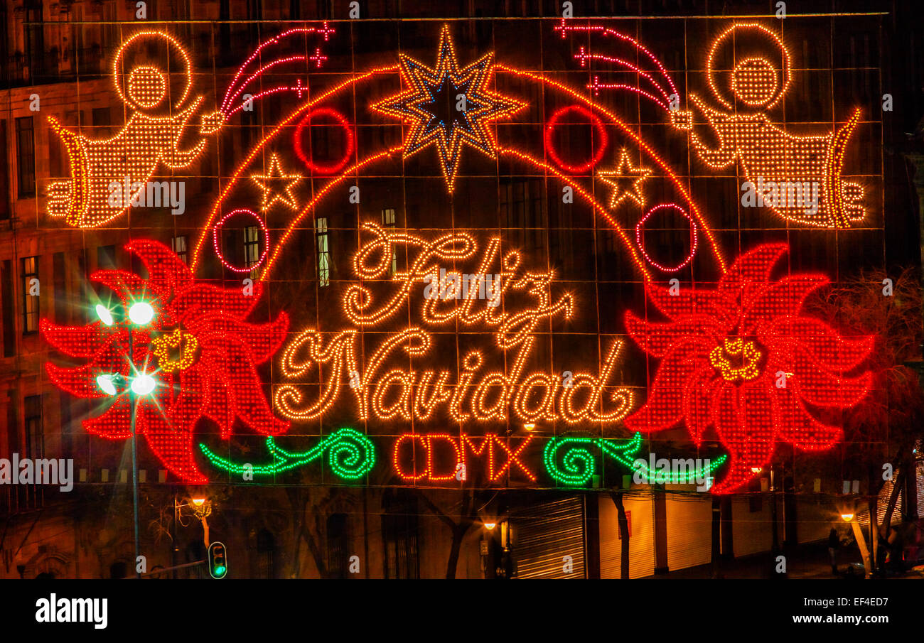 Mexico City Zocalo Town Square Christmas Night Celebration,  Feliz Navidad is Spanish for Merry Christmas. Stock Photo