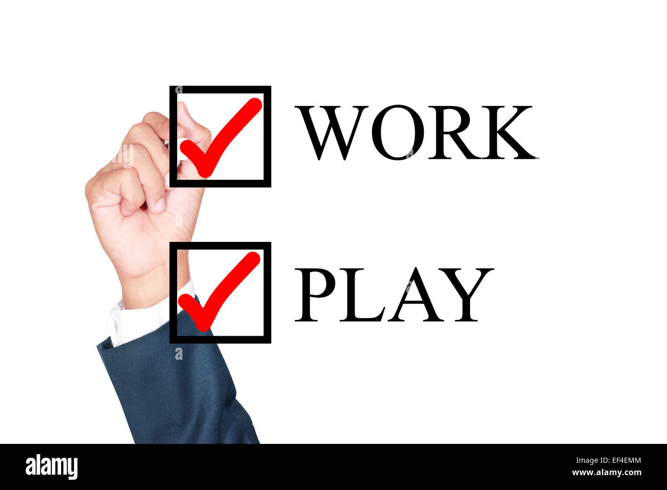 work and play together concept choose by businessman tick choice whiteboard white background Stock Photo
