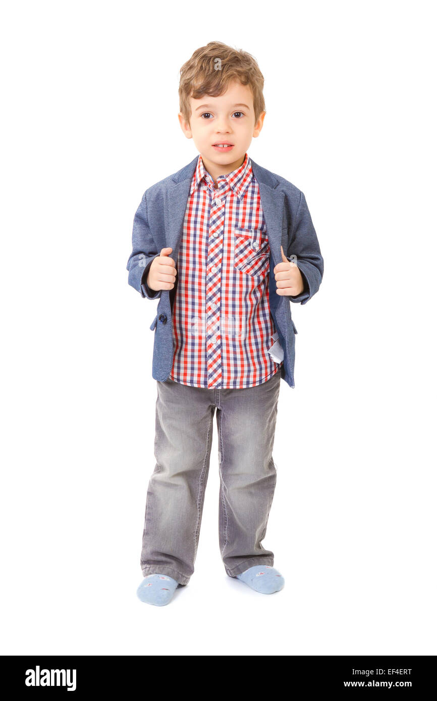Little boy with jacket on white background Stock Photo