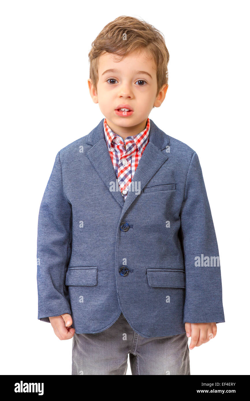 Little boy with jacket on white background Stock Photo