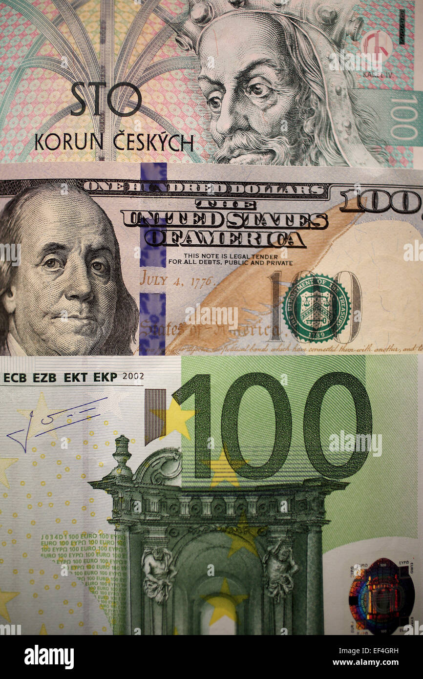 one hundred US dollars, EUR, 100 EUR, Czech crowns, bank note, money Stock  Photo - Alamy