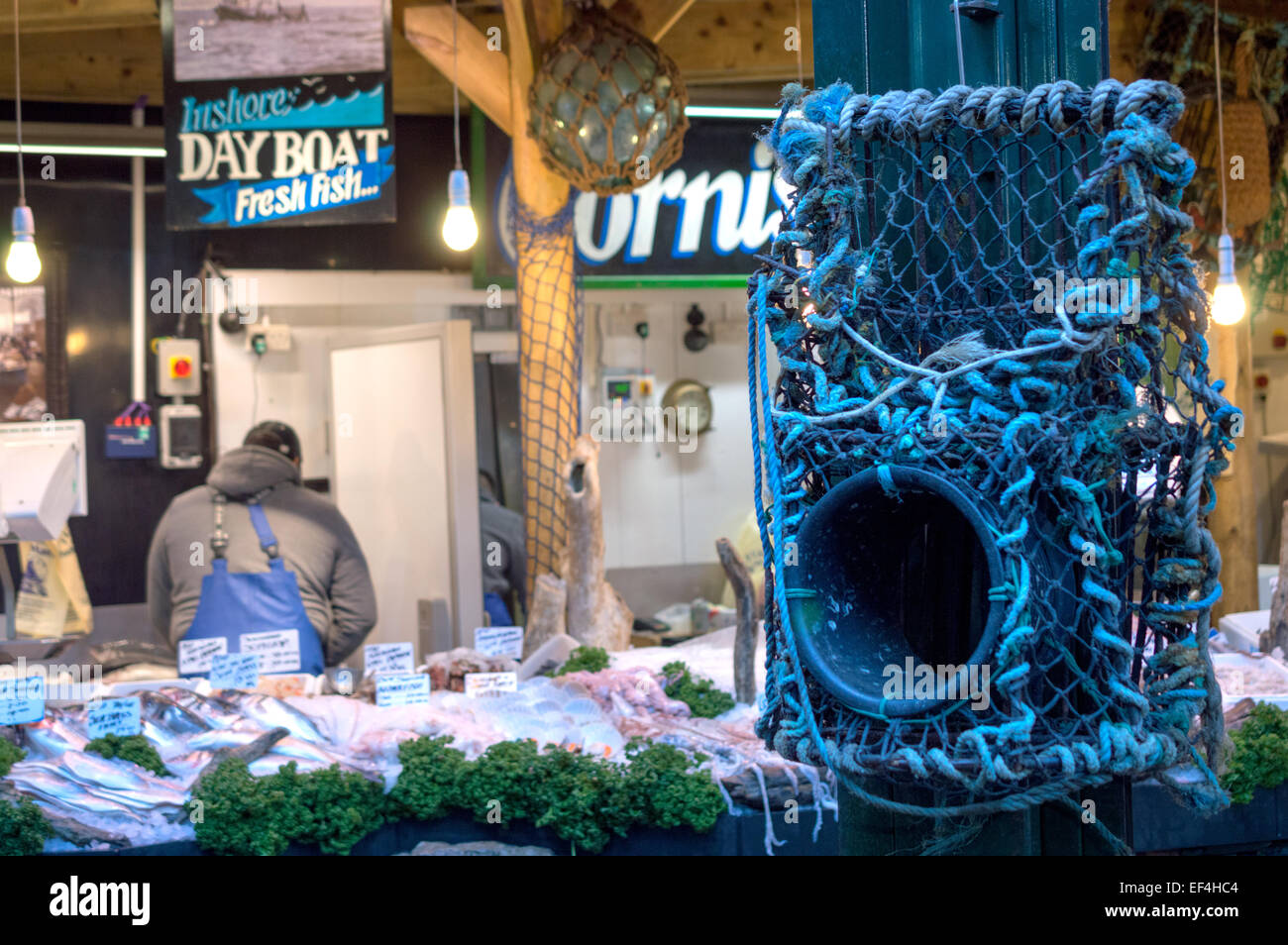 Fresh fish and seafood stall at London's Borough Market Stock Photo