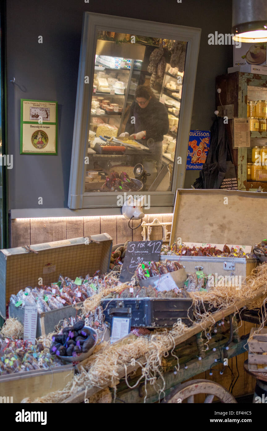 Artisan produce at Borough Market -  saucissons and cheese Stock Photo