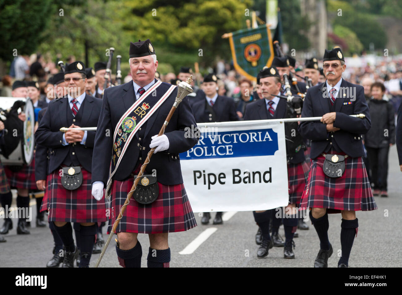 Greater Victoria Police pipe band from Victoria, British Columbia, Canada,  taking part in Pipefest in Stirling, Scotland. Stock Photo