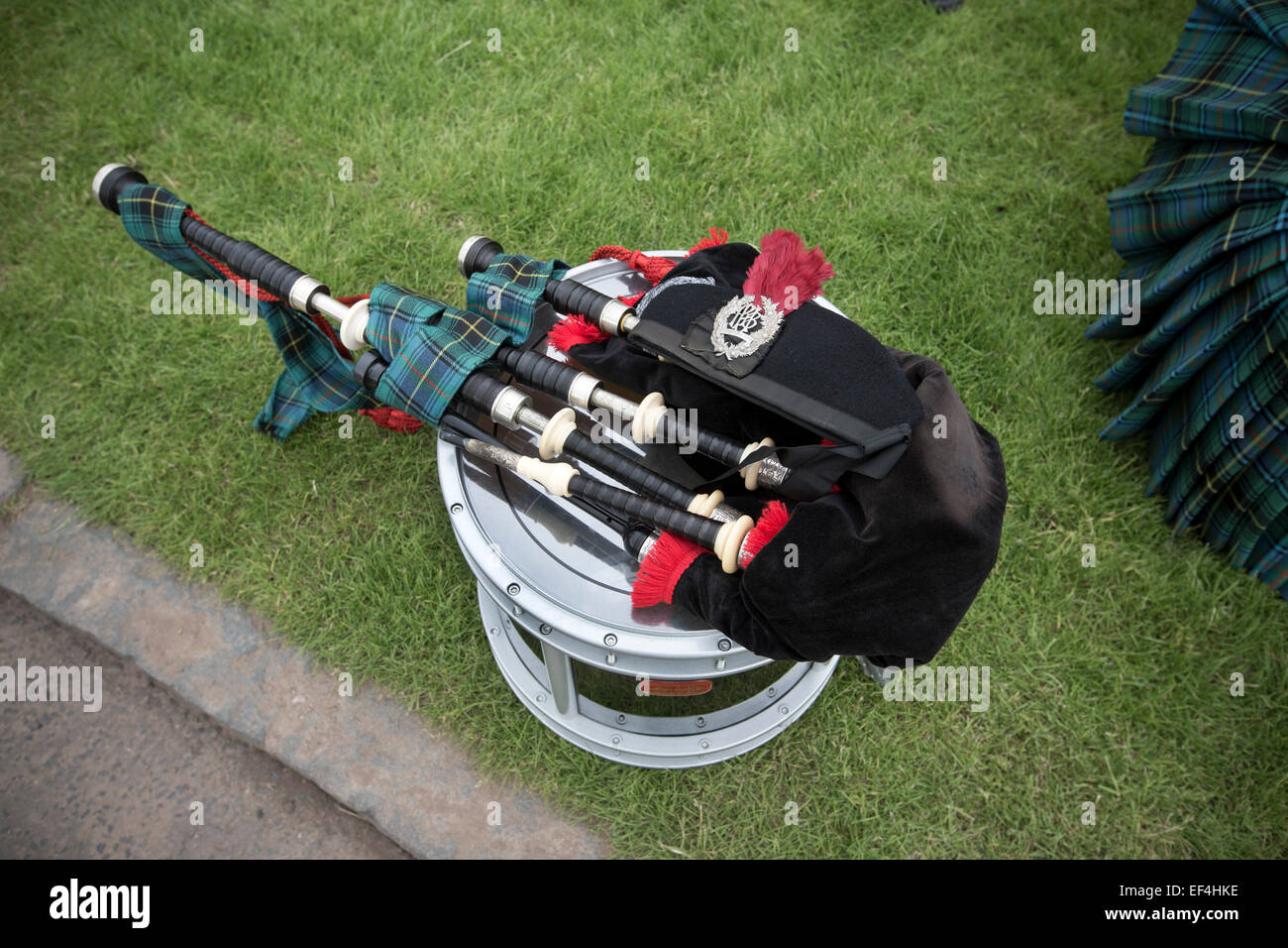 A set of bagpipes and a drum lying on the ground before the start of Pipefest Stirling, an event staged at Stirling Castle to co Stock Photo