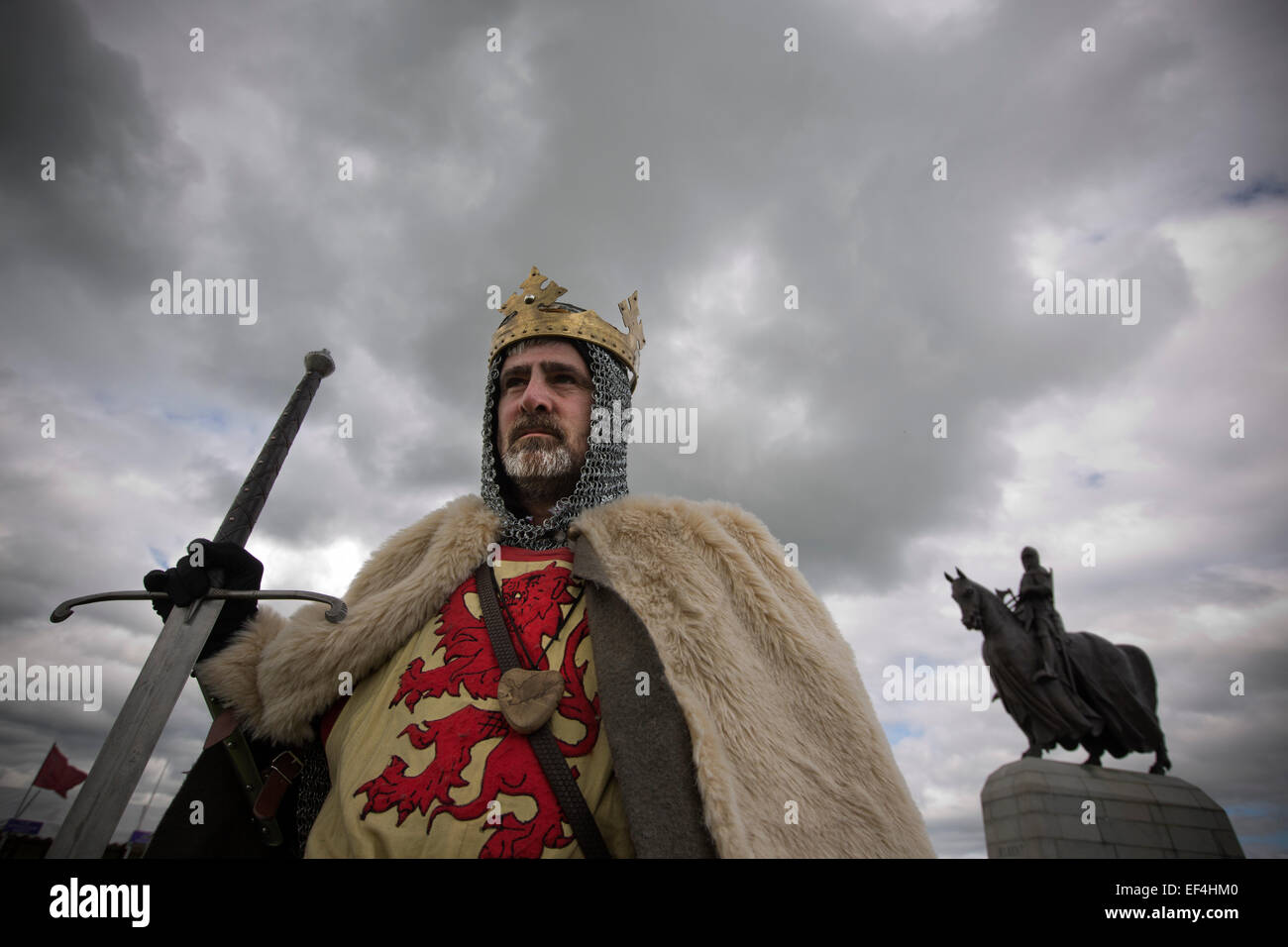 Roy Ramsay dressed as Robert the Bruce pictured prior to taking part in a battle scene at Bannockburn Live, Scotland. Stock Photo