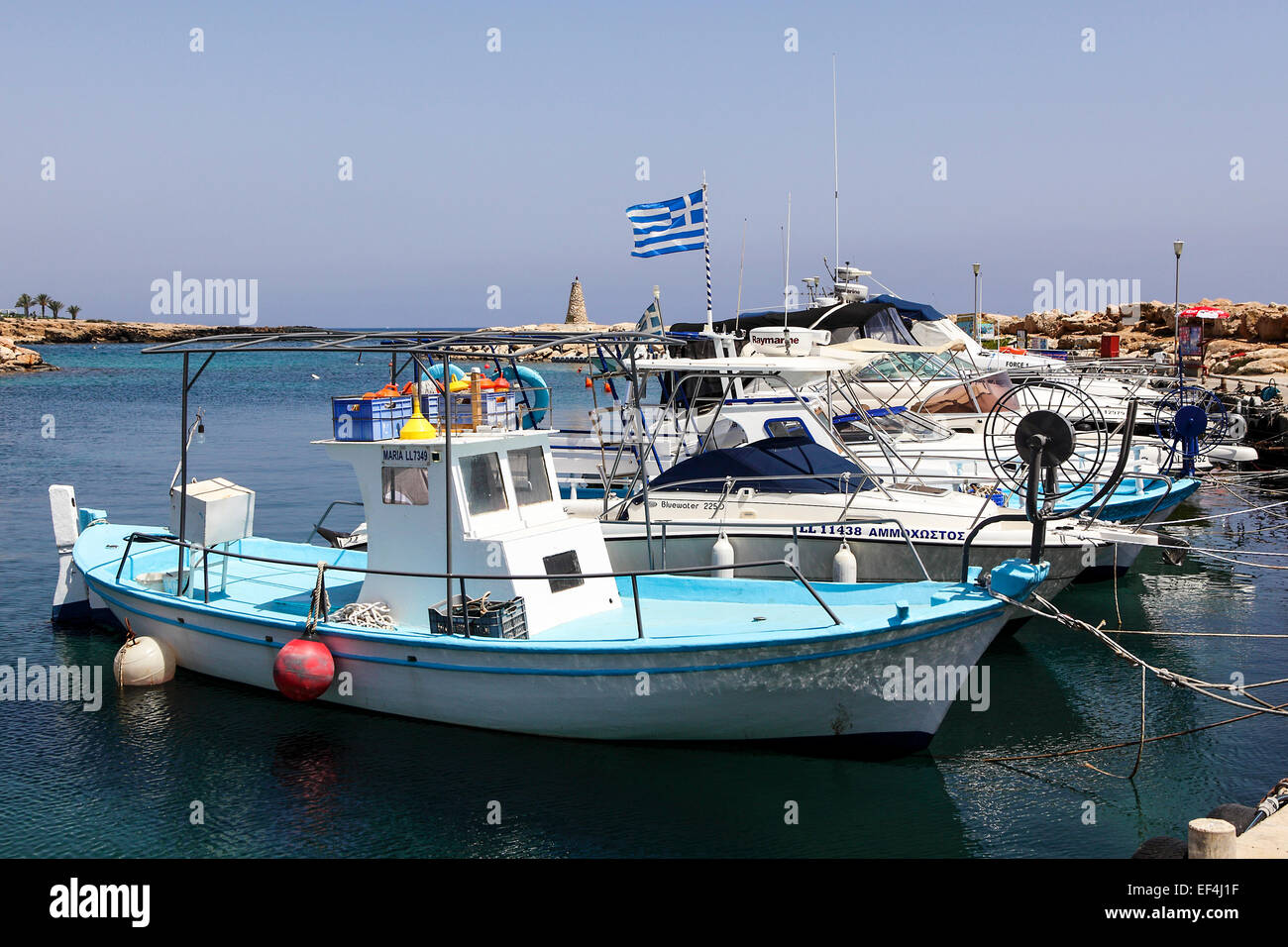 Cypriot fishing craft at their moorings in Pernera, Cyprus. Stock Photo