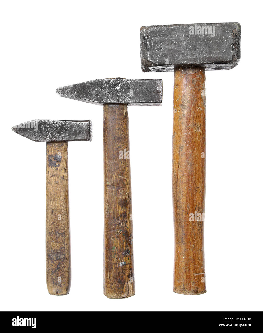 hammers big large medium small wooden handle working vintage isolated construction steel rusted Stock Photo