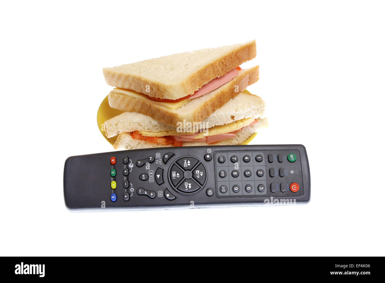 new universal remote control with sandwiches on white background Stock ...