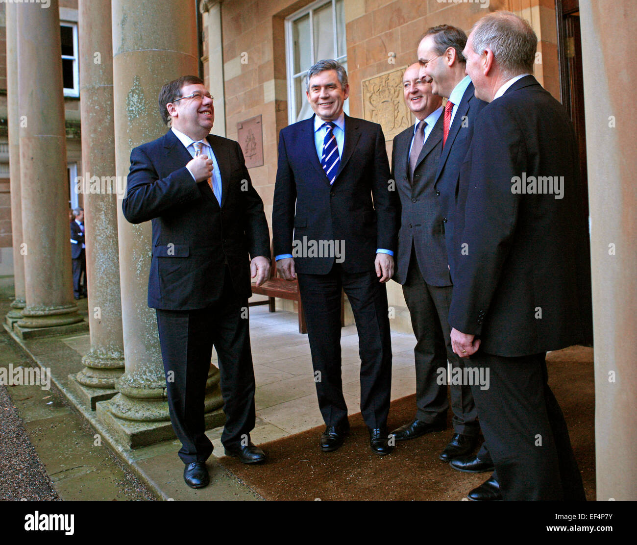 Irish Prime Minister Brian Cowen (L) and Britian's Prime Minister Gordon Brown (2L) are greeted by Secrretary of State for Northern Ireland Shawn Woodward (3R), Irish Foreign Affairs Minster Michael Martin (2R) and Northern Ireland Seurity Minister Paul Goggins (R) at Hillsborough Castle in Hillsborough, Northern Ireland February 5, 2010. Stock Photo
