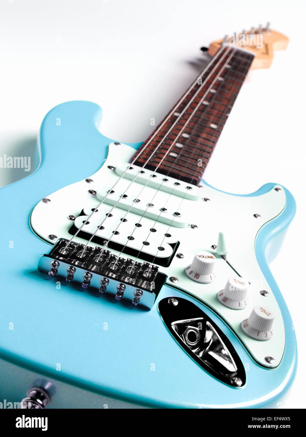 Powder Blue electric rock guitar performance, close up during break in performance Stock Photo
