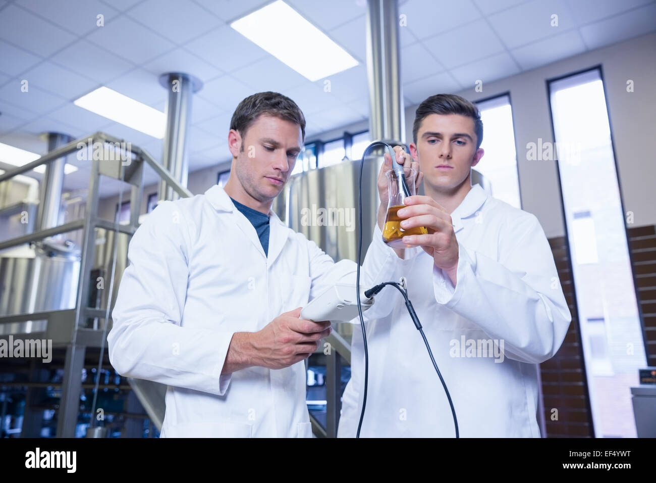 Two men in lab coat testing beer in the beaker Stock Photo Alamy