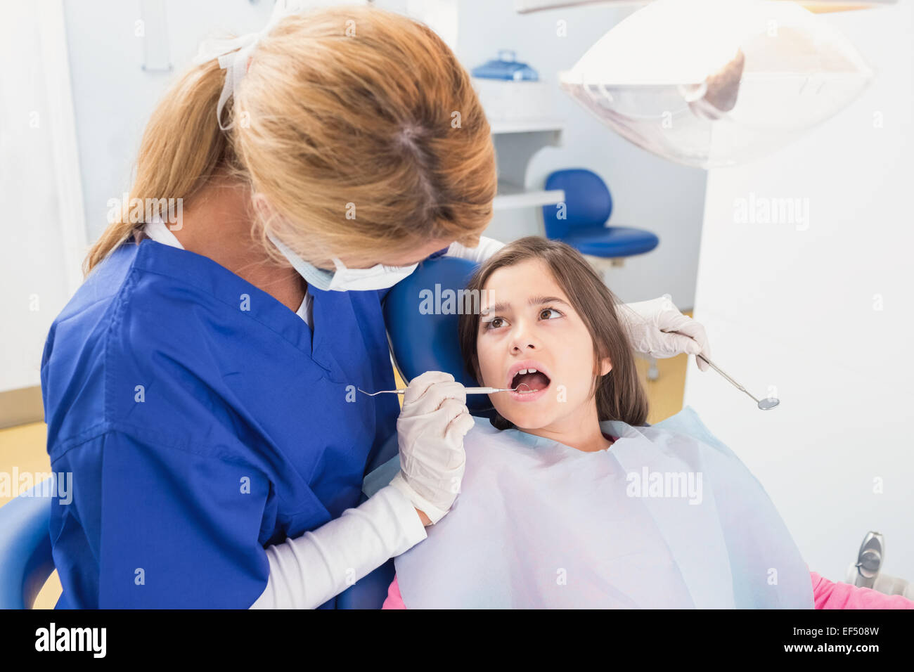 Pediatric dentist examining her young patient Stock Photo