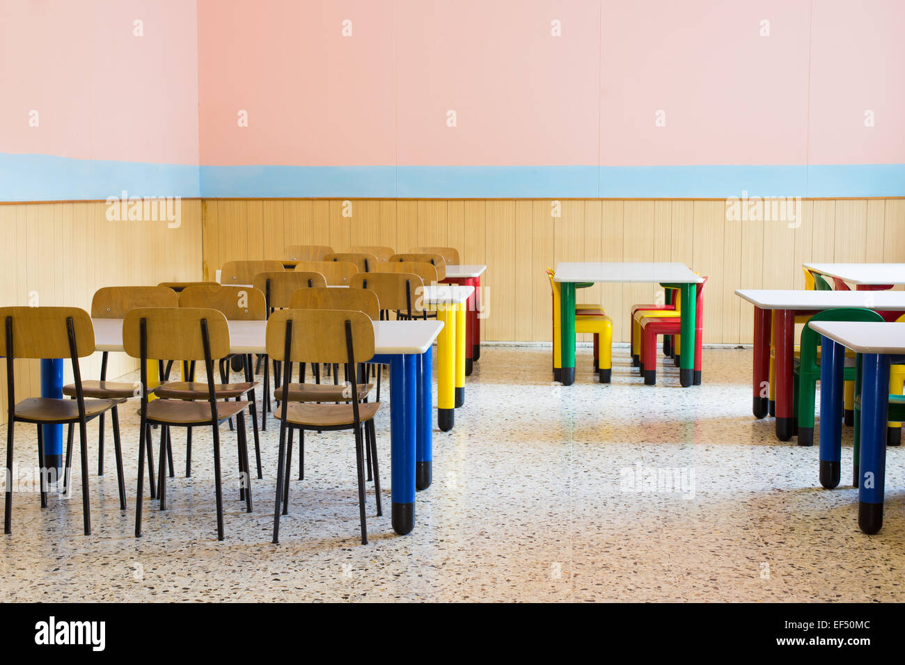 lunchroom of the refectory of the kindergarten with small benches and small chairs Stock Photo
