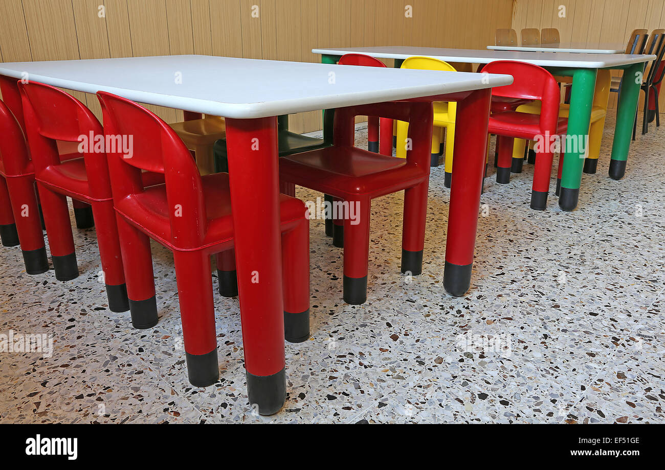 Colored Plastic Chairs And Small Tables In The Kindergarten Class
