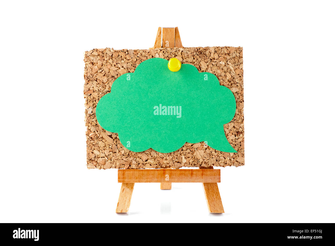 Wooden easel with cork board and green speech bubble isolated on white