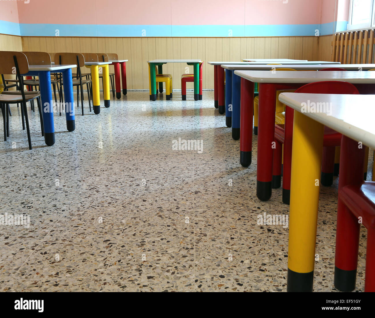 chairs and tables of kindergarten without children Stock Photo