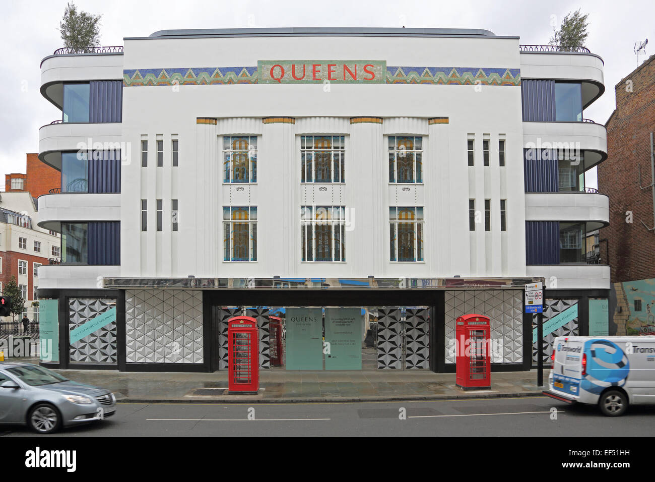 Queens, new apartments behind the refurbished facade of the old Art Deco Queens Cinema in London Stock Photo