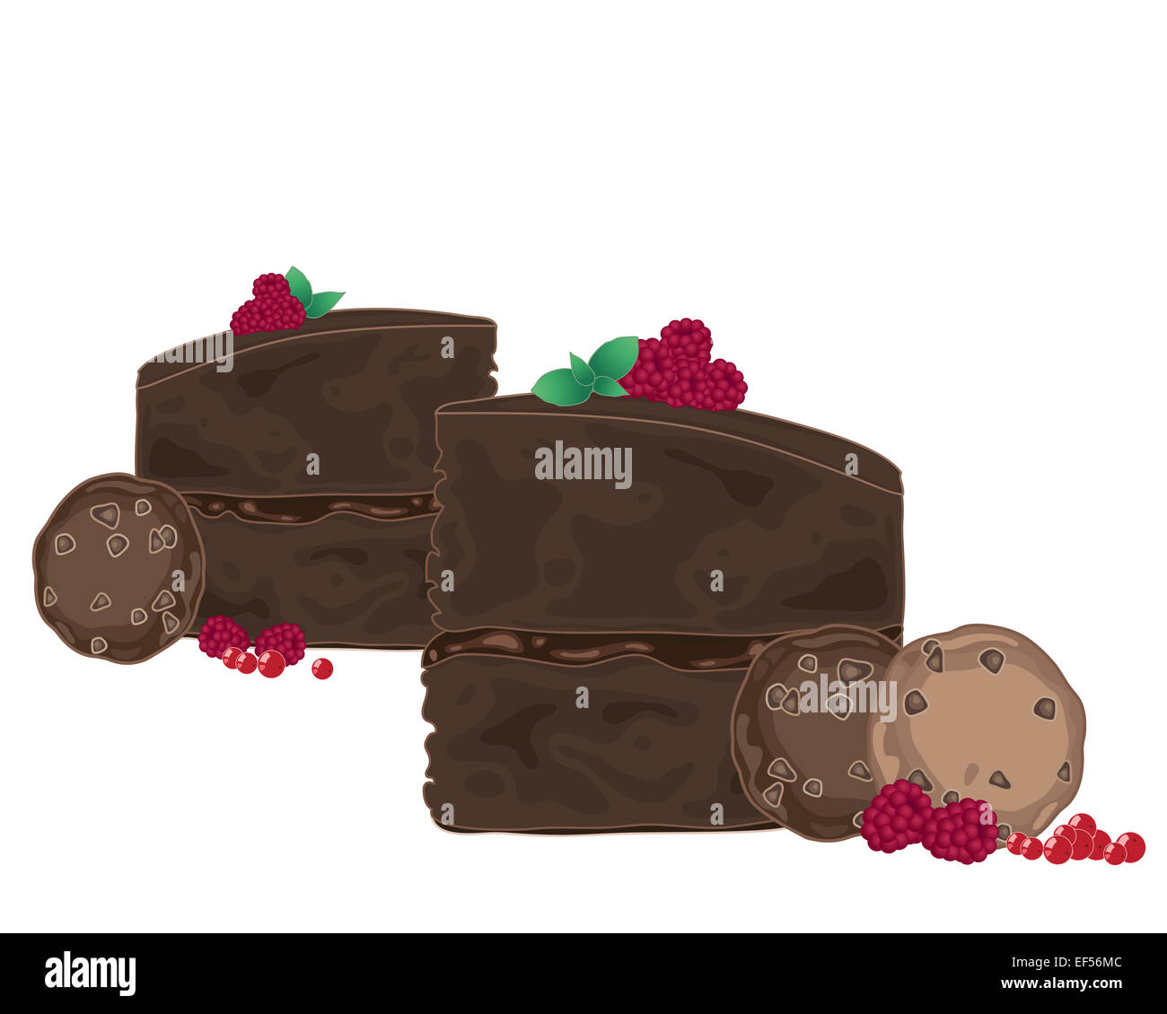 an illustration of slices of chocolate cake with raspberry and mint leaf decoration on a white background Stock Photo