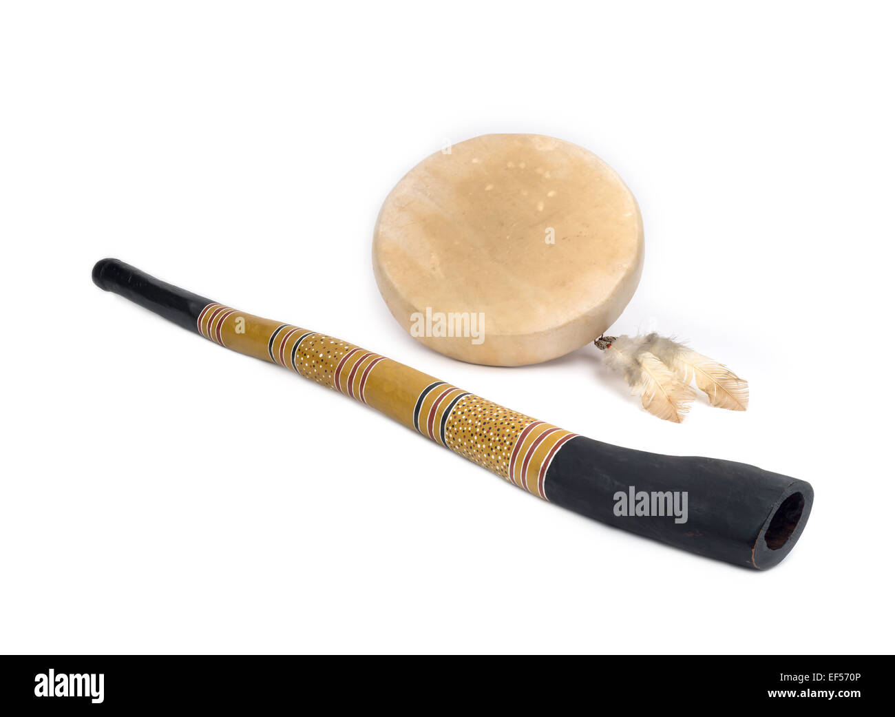 Sound Healing Instruments - Didgeridoo and Native American Drum with Feathers. Stock Photo