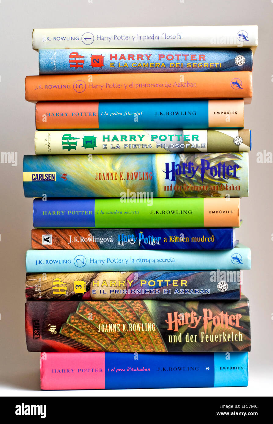 J.K. Rowling's Harry Potter books in foreign translations. Italian, Spanish, German, Catalan and Czech Stock Photo