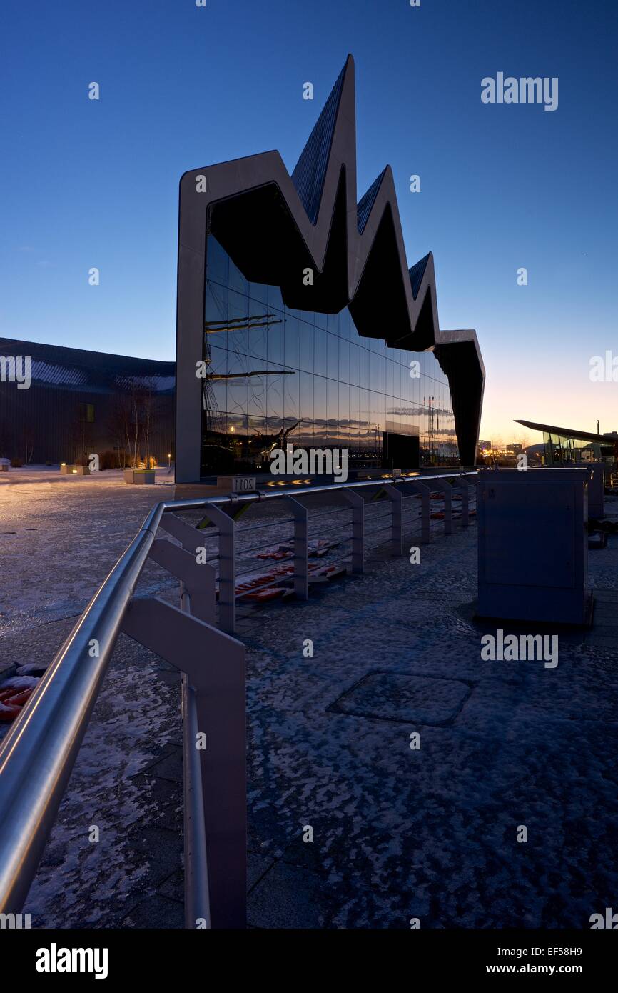 A Colour image of the Glasgow Riverside Museum taken on a winters morning from the banks of the River Clyde in Glasgow Stock Photo