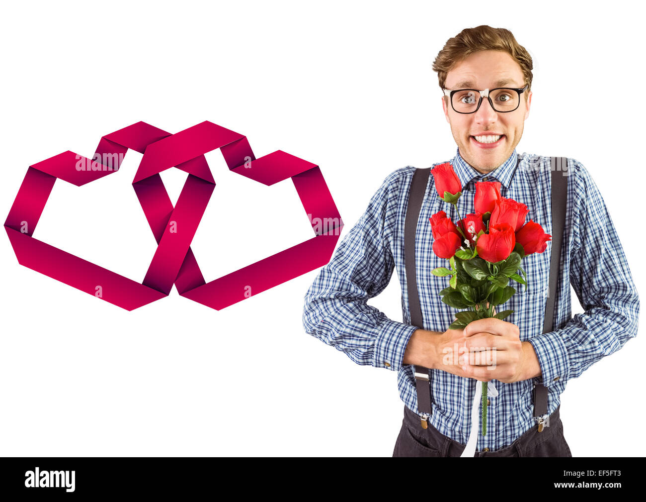 Composite image of geeky hipster holding a bunch of roses Stock Photo ...