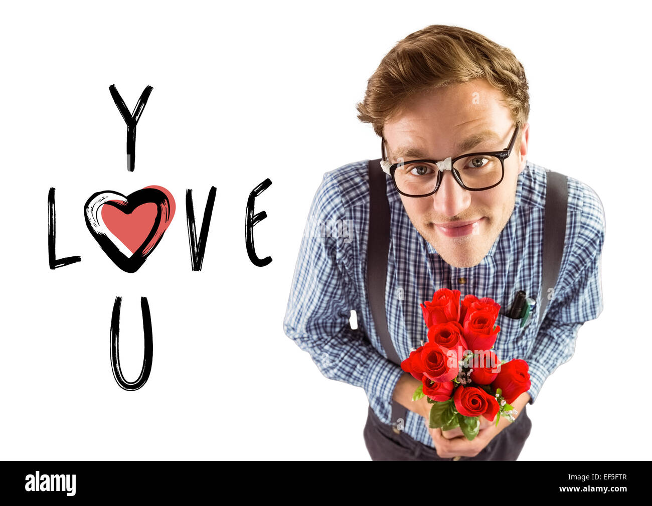 Composite image of geeky hipster holding a bunch of roses Stock Photo ...