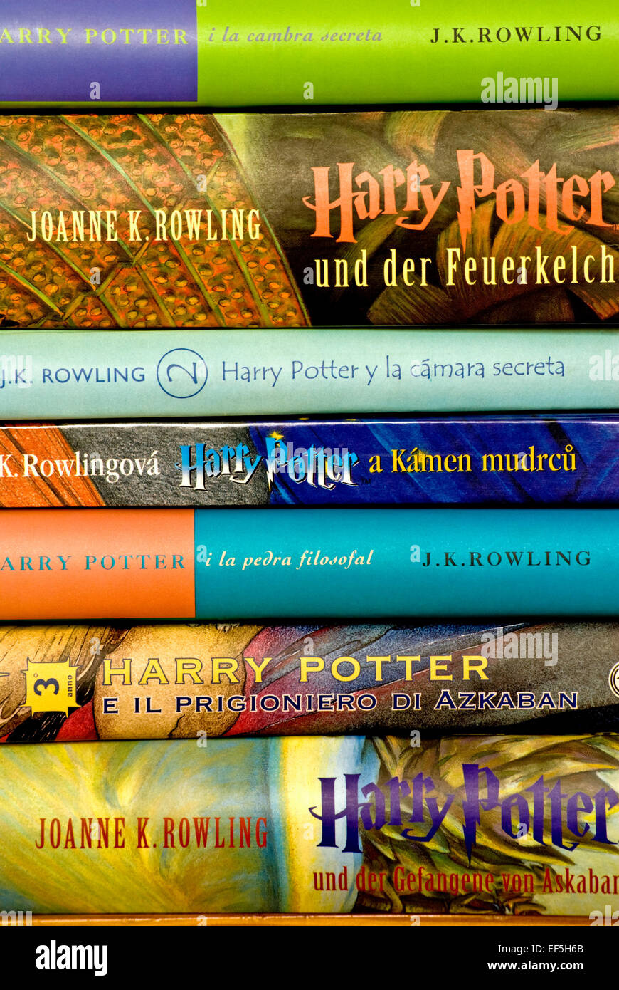 J K Rowling's Harry Potter books in foreign translations (from top: Catalan, German, Spanish, Czech, Catalan, Italian, German) Stock Photo