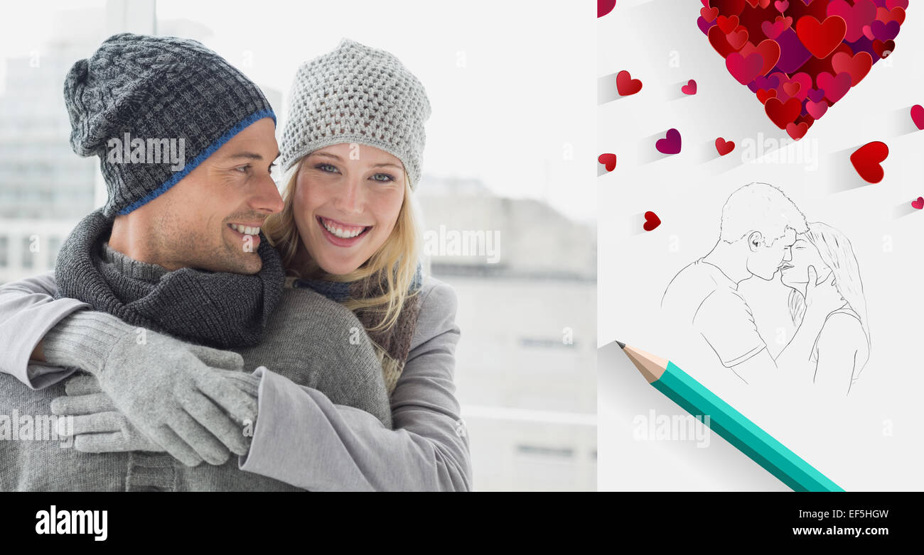 Composite image of cute couple in warm clothing hugging woman smiling ...