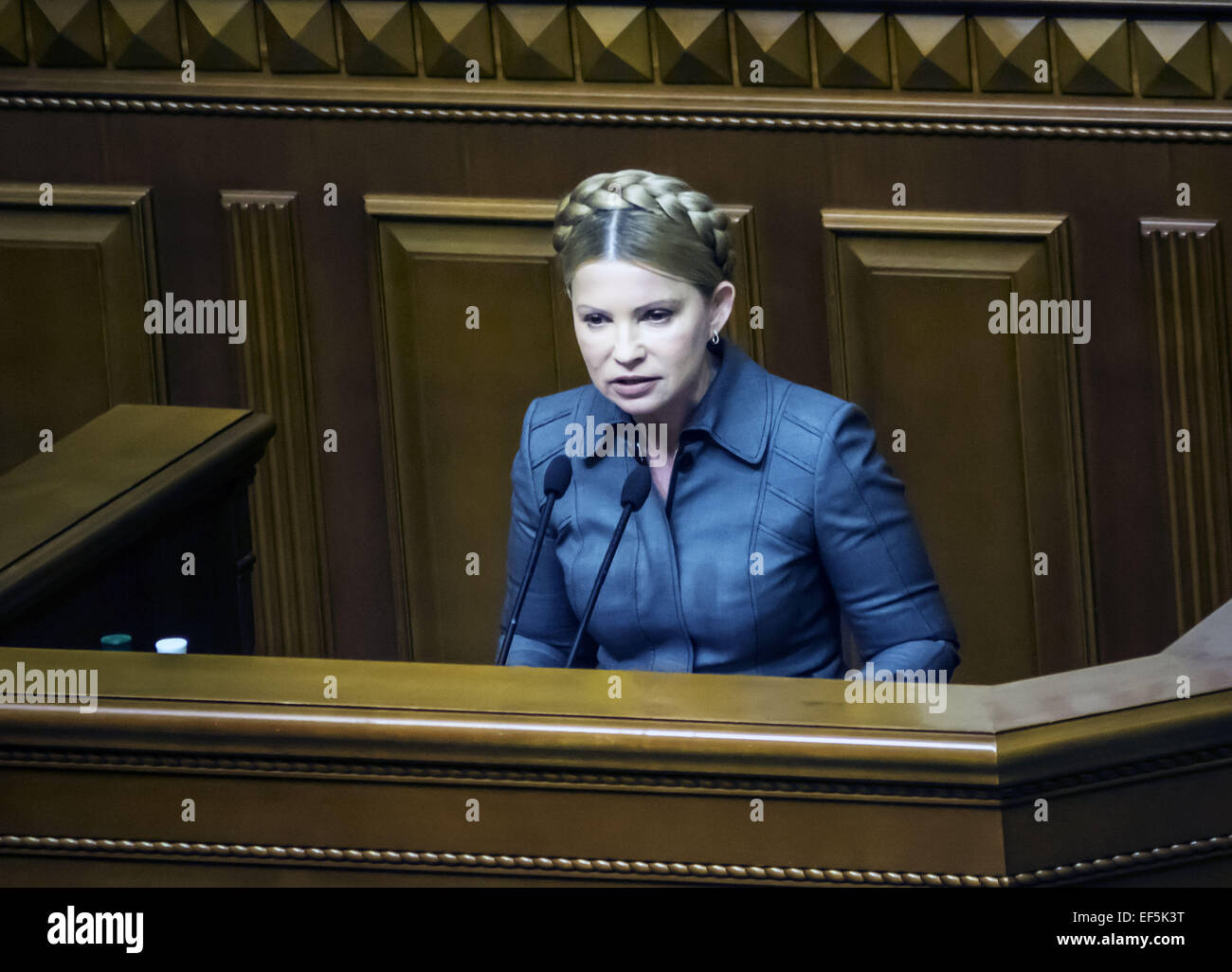 Jan. 27, 2015 - Yulia Tymoshenko at the session of the Verkhovna Rada -- Verkhovna Rada of Ukraine today, January 27, 2015, issued a statement conferring Russian the status of ''aggressor state'', and seek recognition of the breakaway Donetsk and Lugansk People's Republic terrorist organizations.The document was adopted today at a special session of the Verkhovna Rada, the initiative has supported 271 MP. His project presented deputy of ''Self Help'' Anna Gopko. She spoke of the need to recognize the Russian aggressor state, accused of involvement in the Russian bombardment of Mariupol and u Stock Photo